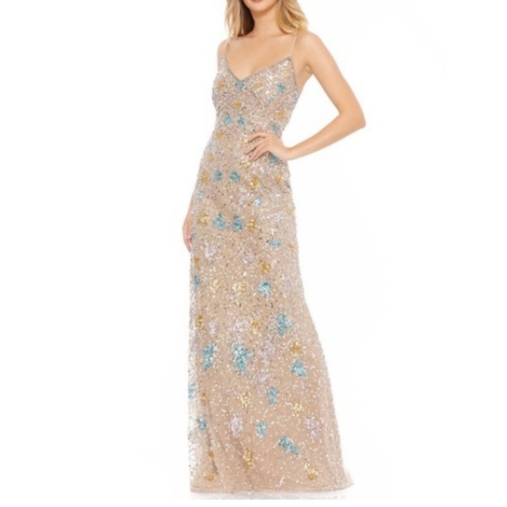 Mac Duggal 9115 V-Neck Open Lace Up Back Sleeveless Sequined Floor Length Gown 4